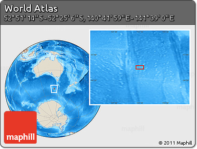 Shaded Relief Location Map of the Area around 52° 38' 10" S, 141° 10' 30" E