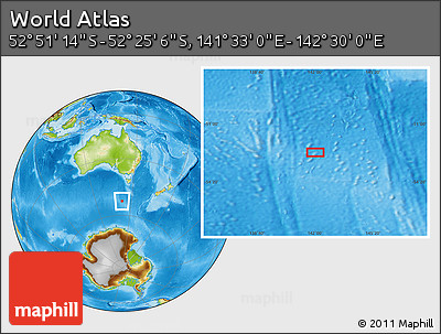 Physical Location Map of the Area around 52° 38' 10" S, 142° 1' 30" E
