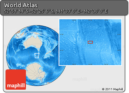 Shaded Relief Location Map of the Area around 52° 38' 10" S, 142° 1' 30" E