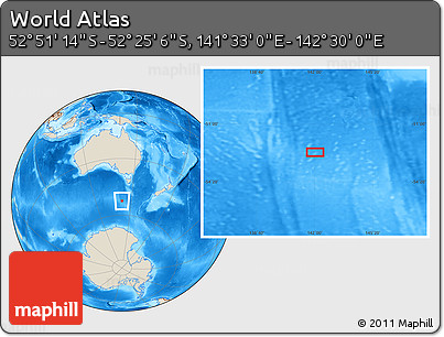Shaded Relief Location Map of the Area around 52° 38' 10" S, 142° 1' 30" E