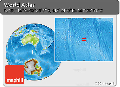Physical Location Map of the Area around 52° 38' 10" S, 142° 52' 30" E
