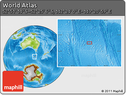 Physical Location Map of the Area around 52° 38' 10" S, 142° 52' 30" E