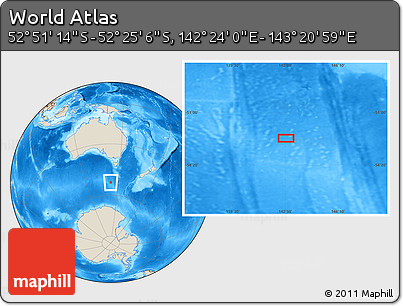 Shaded Relief Location Map of the Area around 52° 38' 10" S, 142° 52' 30" E