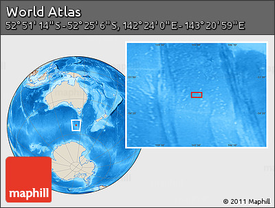 Shaded Relief Location Map of the Area around 52° 38' 10" S, 142° 52' 30" E