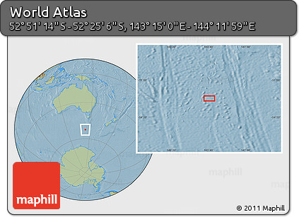 Savanna Style Location Map of the Area around 52° 38' 10" S, 143° 43' 29" E, hill shading