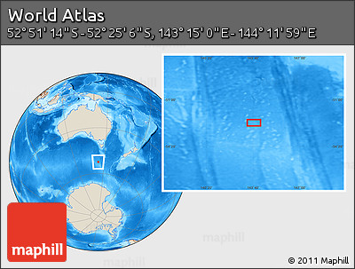 Shaded Relief Location Map of the Area around 52° 38' 10" S, 143° 43' 29" E