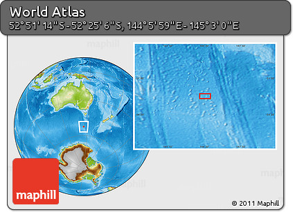 Physical Location Map of the Area around 52° 38' 10" S, 144° 34' 29" E