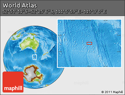 Physical Location Map of the Area around 52° 38' 10" S, 144° 34' 29" E