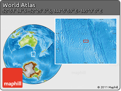 Physical Location Map of the Area around 52° 38' 10" S, 144° 34' 29" E