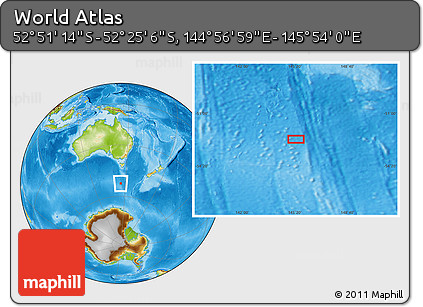 Physical Location Map of the Area around 52° 38' 10" S, 145° 25' 30" E