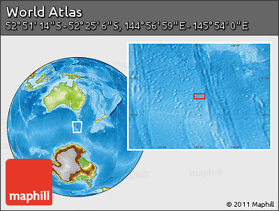 Physical Location Map of the Area around 52° 38' 10" S, 145° 25' 30" E
