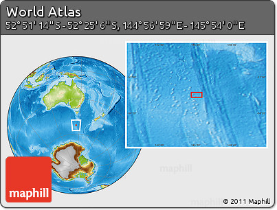 Physical Location Map of the Area around 52° 38' 10" S, 145° 25' 30" E