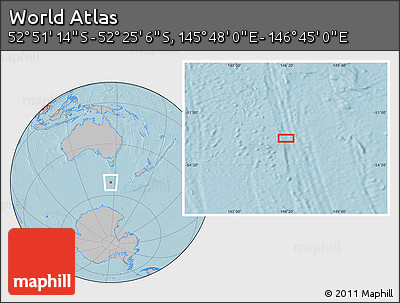 Gray Location Map of the Area around 52° 38' 10" S, 146° 16' 30" E, hill shading