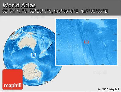 Shaded Relief Location Map of the Area around 52° 38' 10" S, 147° 7' 30" E