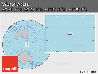 Gray Location Map of the Area around 52° 38' 10" S, 148° 49' 29" E
