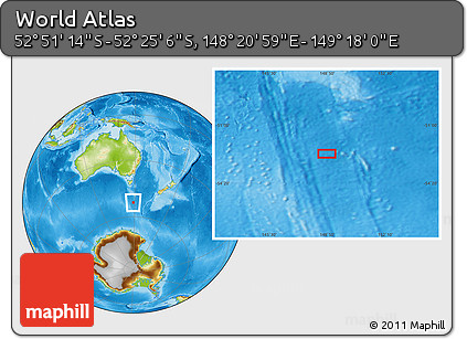 Physical Location Map of the Area around 52° 38' 10" S, 148° 49' 29" E