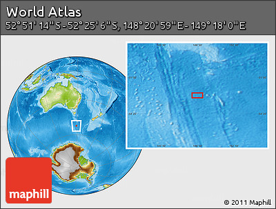 Physical Location Map of the Area around 52° 38' 10" S, 148° 49' 29" E