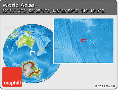 Physical Location Map of the Area around 52° 38' 10" S, 148° 49' 29" E