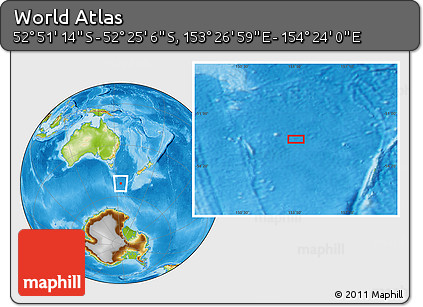 Physical Location Map of the Area around 52° 38' 10" S, 153° 55' 30" E