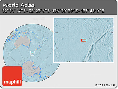 Gray Location Map of the Area around 52° 38' 10" S, 157° 19' 29" E, hill shading