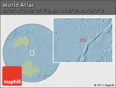 Savanna Style Location Map of the Area around 52° 38' 10" S, 158° 10' 30" E, hill shading