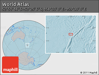Gray Location Map of the Area around 52° 38' 10" S, 159° 1' 30" E, hill shading