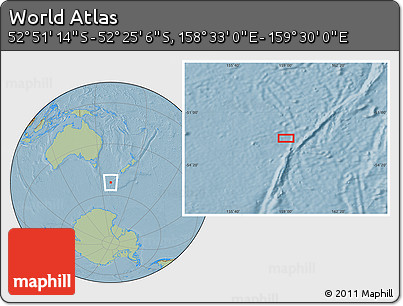 Savanna Style Location Map of the Area around 52° 38' 10" S, 159° 1' 30" E, hill shading