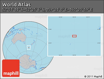 Gray Location Map of the Area around 52° 38' 10" S, 159° 52' 30" E