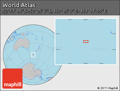 Gray Location Map of the Area around 52° 38' 10" S, 160° 43' 29" E