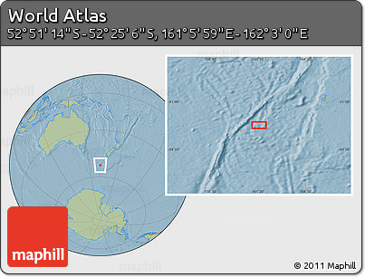 Savanna Style Location Map of the Area around 52° 38' 10" S, 161° 34' 29" E, hill shading