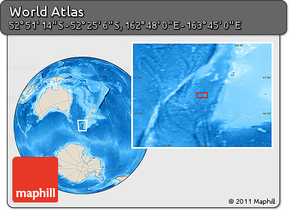 Shaded Relief Location Map of the Area around 52° 38' 10" S, 163° 16' 30" E