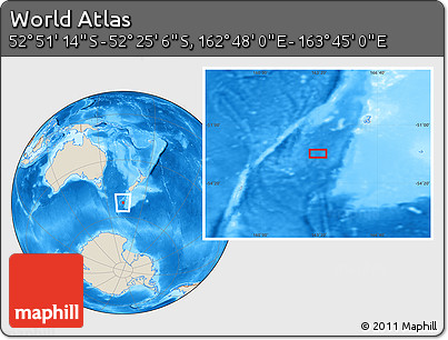 Shaded Relief Location Map of the Area around 52° 38' 10" S, 163° 16' 30" E