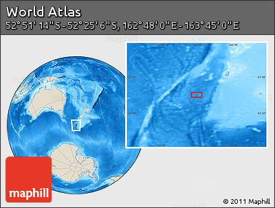 Shaded Relief Location Map of the Area around 52° 38' 10" S, 163° 16' 30" E