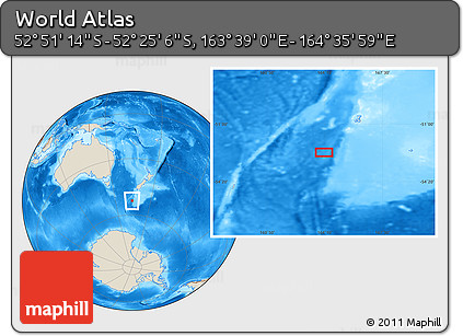 Shaded Relief Location Map of the Area around 52° 38' 10" S, 164° 7' 30" E