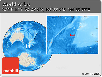 Shaded Relief Location Map of the Area around 52° 38' 10" S, 164° 7' 30" E