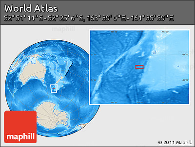 Shaded Relief Location Map of the Area around 52° 38' 10" S, 164° 7' 30" E