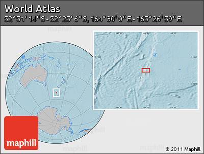 Gray Location Map of the Area around 52° 38' 10" S, 164° 58' 29" E, hill shading