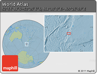 Savanna Style Location Map of the Area around 52° 38' 10" S, 164° 58' 29" E, hill shading