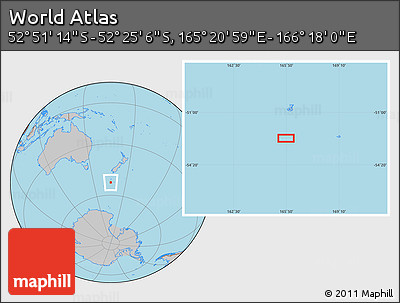 Gray Location Map of the Area around 52° 38' 10" S, 165° 49' 29" E