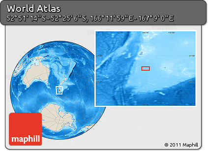Shaded Relief Location Map of the Area around 52° 38' 10" S, 166° 40' 30" E
