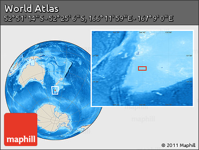 Shaded Relief Location Map of the Area around 52° 38' 10" S, 166° 40' 30" E