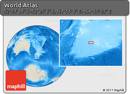 Shaded Relief Location Map of the Area around 52° 38' 10" S, 168° 22' 30" E