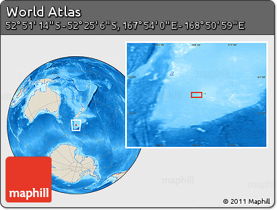 Shaded Relief Location Map of the Area around 52° 38' 10" S, 168° 22' 30" E