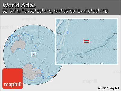 Gray Location Map of the Area around 52° 38' 10" S, 170° 4' 29" E, hill shading