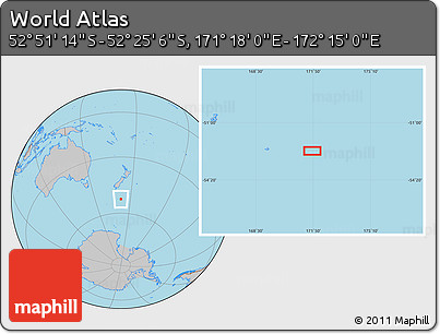 Gray Location Map of the Area around 52° 38' 10" S, 171° 46' 30" E