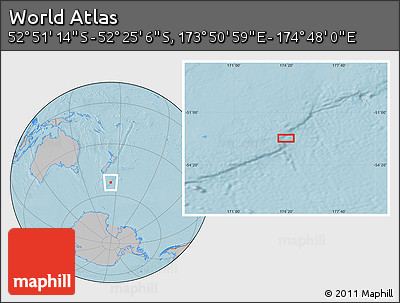 Gray Location Map of the Area around 52° 38' 10" S, 174° 19' 29" E, hill shading