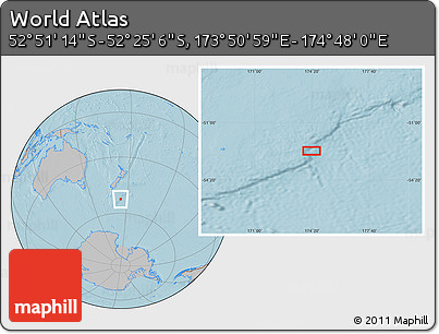 Gray Location Map of the Area around 52° 38' 10" S, 174° 19' 29" E, hill shading