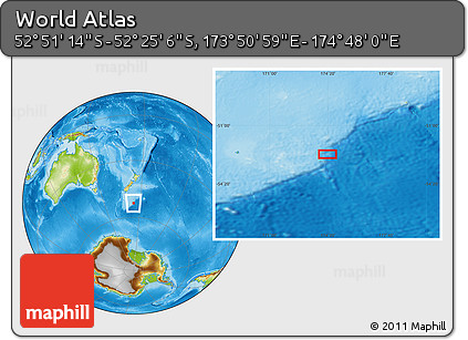 Physical Location Map of the Area around 52° 38' 10" S, 174° 19' 29" E