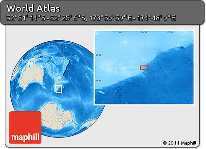 Shaded Relief Location Map of the Area around 52° 38' 10" S, 174° 19' 29" E