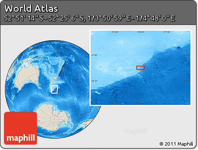 Shaded Relief Location Map of the Area around 52° 38' 10" S, 174° 19' 29" E